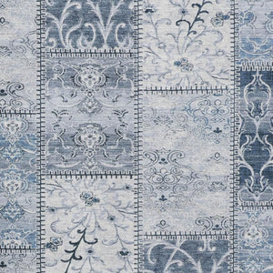 HomeRoots 10' X 14' Denim Blue & Ivory Patchwork Area Rug - Washable, UV Protected, Stain Resistant, Durable Design 649564