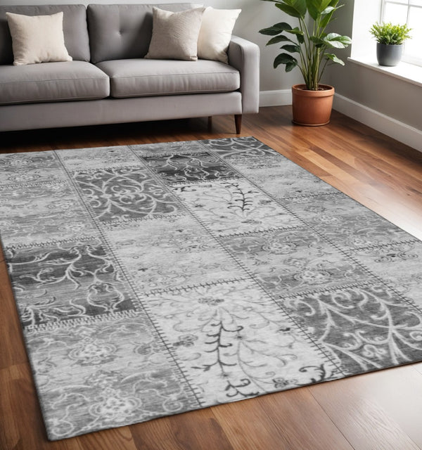 HomeRoots 5' X 8' Gray And Ivory Patchwork Area Rug – Washable, UV-Protected, Stylish for Modern Homes & Kids 649566