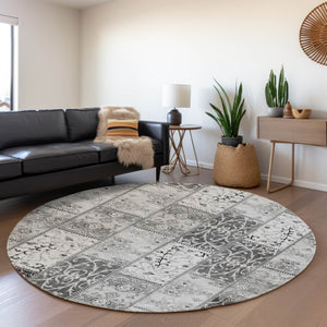 HomeRoots 8' Gray and Ivory Patchwork Round Rug - Washable, UV Protected, Soft & Stylish for High-Traffic Areas 649567