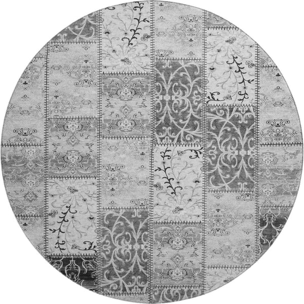 HomeRoots 8' Gray and Ivory Patchwork Round Rug - Washable, UV Protected, Soft & Stylish for High-Traffic Areas 649567