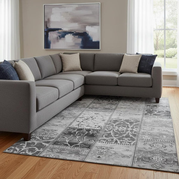 HomeRoots 9' X 12' Gray & Ivory Patchwork Area Rug - Durable, Soft, Stain-Resistant with UV Protection & Style! 649569