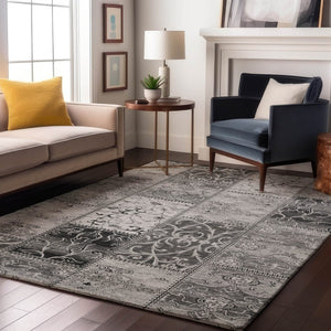 HomeRoots 9' X 12' Gray & Ivory Patchwork Area Rug - Durable, Soft, Stain-Resistant with UV Protection & Style! 649569