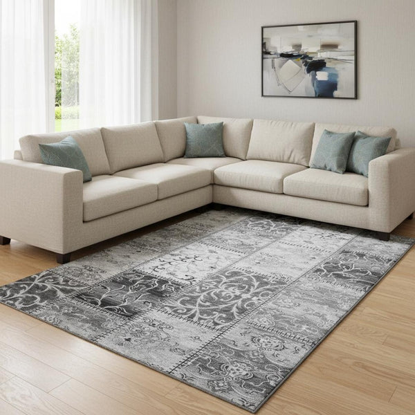 HomeRoots 10' Gray and Ivory Patchwork Area Rug - Washable, UV Protected, Stain-Resistant for Easy Care 649570