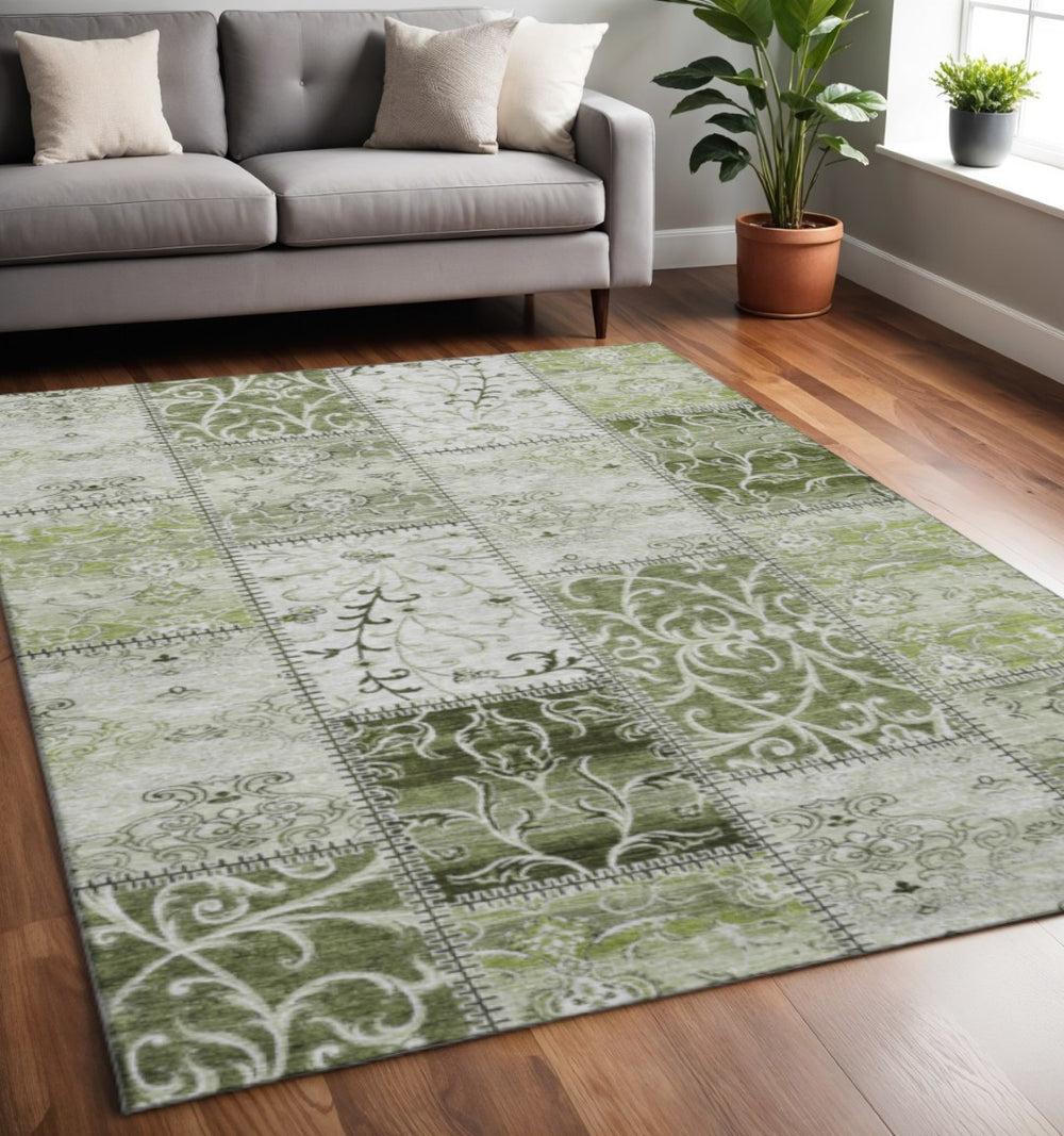 HomeRoots 5' X 8' Green And Ivory Patchwork Area Rug - Soft, Stain-Resistant, UV Protected for High-Traffic Homes 649572