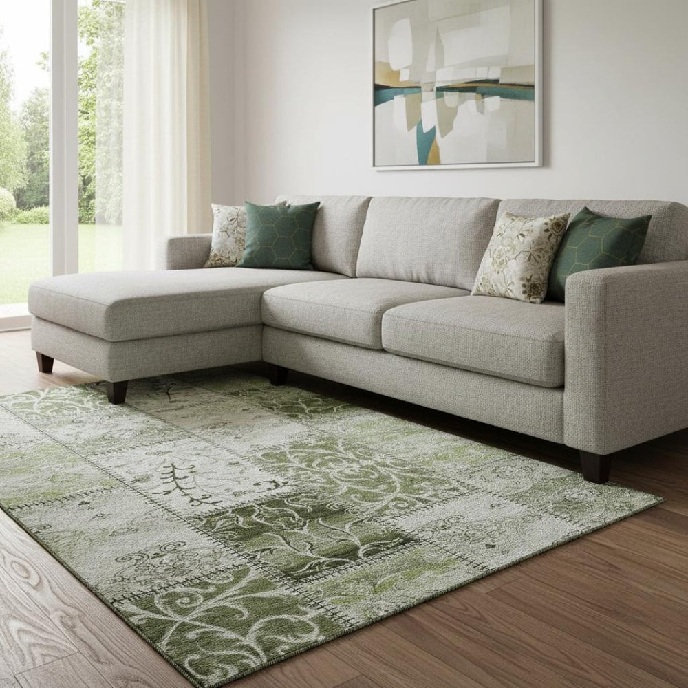 HomeRoots 8' X 10' Stylish Green & Ivory Patchwork Area Rug - Washable, UV Protected, Stain Resistant Comfort 649574