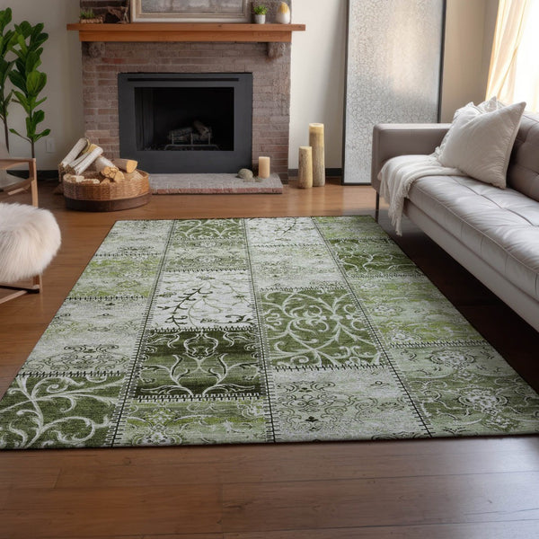 HomeRoots 8' X 10' Stylish Green & Ivory Patchwork Area Rug - Washable, UV Protected, Stain Resistant Comfort 649574