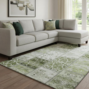 HomeRoots 9' X 12' Green And Ivory Patchwork Area Rug – Washable, UV-Protected, Durable, Perfect for Families! 649575