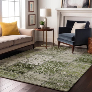 HomeRoots 9' X 12' Green And Ivory Patchwork Area Rug – Washable, UV-Protected, Durable, Perfect for Families! 649575