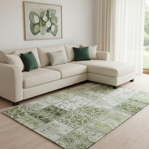 HomeRoots 10' Green and Ivory Patchwork Area Rug - Washable, UV Protected, Stain-Resistant, Durable Design! 649576