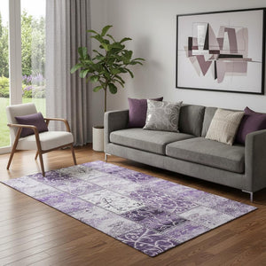 HomeRoots 5' X 8' Purple And Ivory Patchwork Rug – Stylish, Washable, UV-Protected, Kid & Pet Friendly Design! 649578