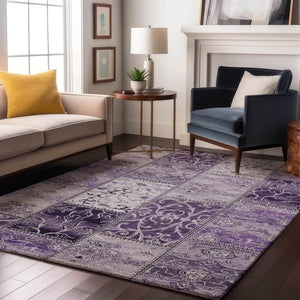 HomeRoots 5' X 8' Purple And Ivory Patchwork Rug – Stylish, Washable, UV-Protected, Kid & Pet Friendly Design! 649578