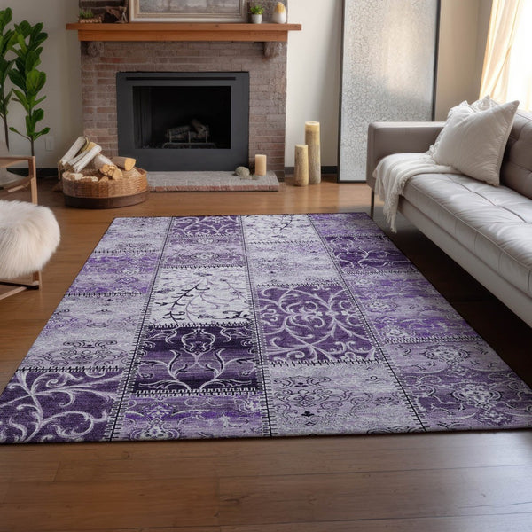 HomeRoots 5' X 8' Purple And Ivory Patchwork Rug – Stylish, Washable, UV-Protected, Kid & Pet Friendly Design! 649578