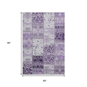 HomeRoots 5' X 8' Purple And Ivory Patchwork Rug – Stylish, Washable, UV-Protected, Kid & Pet Friendly Design! 649578