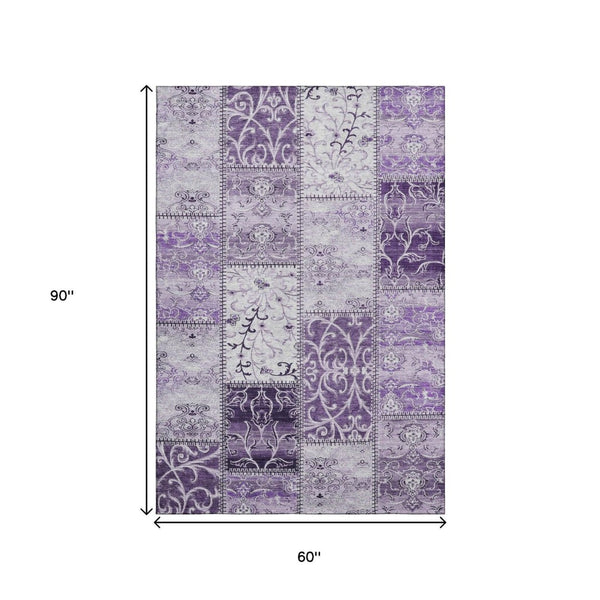 HomeRoots 5' X 8' Purple And Ivory Patchwork Rug – Stylish, Washable, UV-Protected, Kid & Pet Friendly Design! 649578
