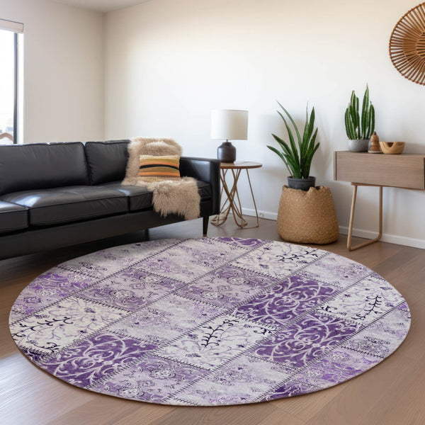 HomeRoots 8' Vibrant Purple and Ivory Patchwork Washable Round Rug with UV Protection for Busy Homes 649579