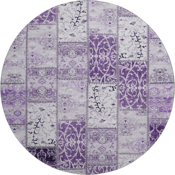 HomeRoots 8' Vibrant Purple and Ivory Patchwork Washable Round Rug with UV Protection for Busy Homes 649579
