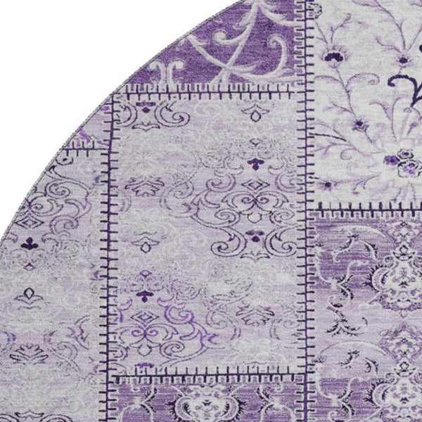 HomeRoots 8' Vibrant Purple and Ivory Patchwork Washable Round Rug with UV Protection for Busy Homes 649579