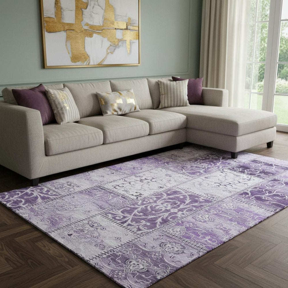 HomeRoots 8' X 10' Stylish Purple & Ivory Patchwork Area Rug – Washable, UV Protected, Perfect for Family Homes! 649580