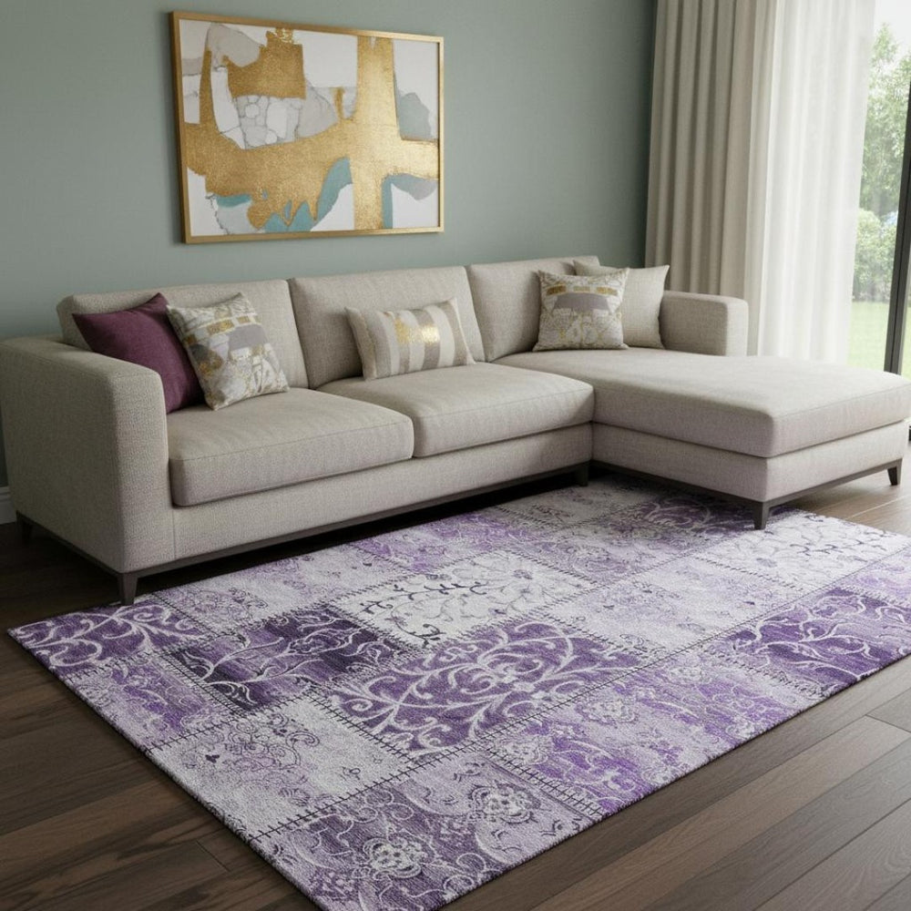 HomeRoots 9' Purple & Ivory Patchwork Washable Area Rug - Durable, Stain Resistant, UV Protected for Home Use 649581