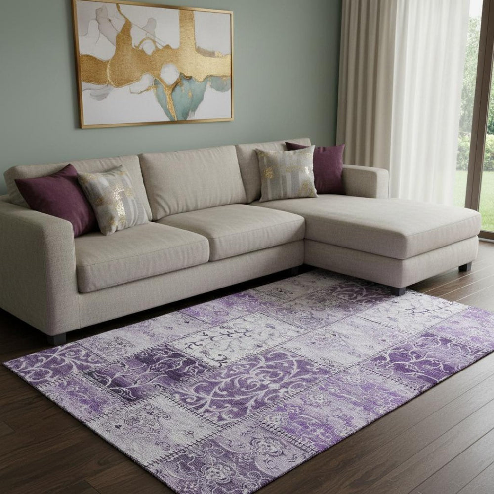 HomeRoots 10' Purple & Ivory Patchwork Washable Area Rug - UV Protected, Durable, Stain-Resistant Beauty! 649582