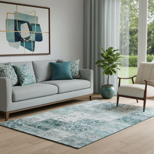 HomeRoots 5' X 8' Teal and Ivory Patchwork Area Rug – Washable, UV-Protected, Stylish & Perfect for Families 649590