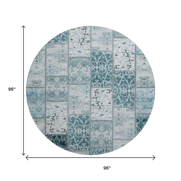 HomeRoots 8' Teal and Ivory Patchwork Round Rug - Washable, UV-Protected, Durable for Indoors & Patios 649591