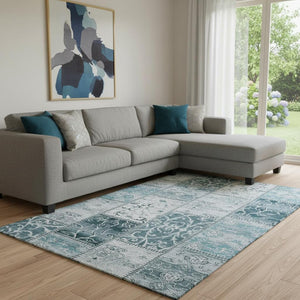 HomeRoots 8' X 10' Teal and Ivory Patchwork Area Rug - Washable, UV-Protected, Stain-Resistant for Everyday Use 649592