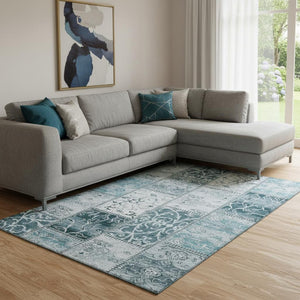 HomeRoots 9' X 12' Teal & Ivory Patchwork Area Rug – Washable, UV Protected, Stain-Resistant for Modern Homes 649593