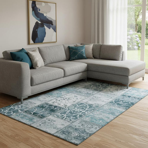 HomeRoots 9' X 12' Teal & Ivory Patchwork Area Rug – Washable, UV Protected, Stain-Resistant for Modern Homes 649593