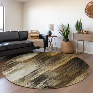 HomeRoots 8' Stylish Chocolate Gray and Ivory Abstract Washable Round Rug with Stain-Resistant UV Protection 649597