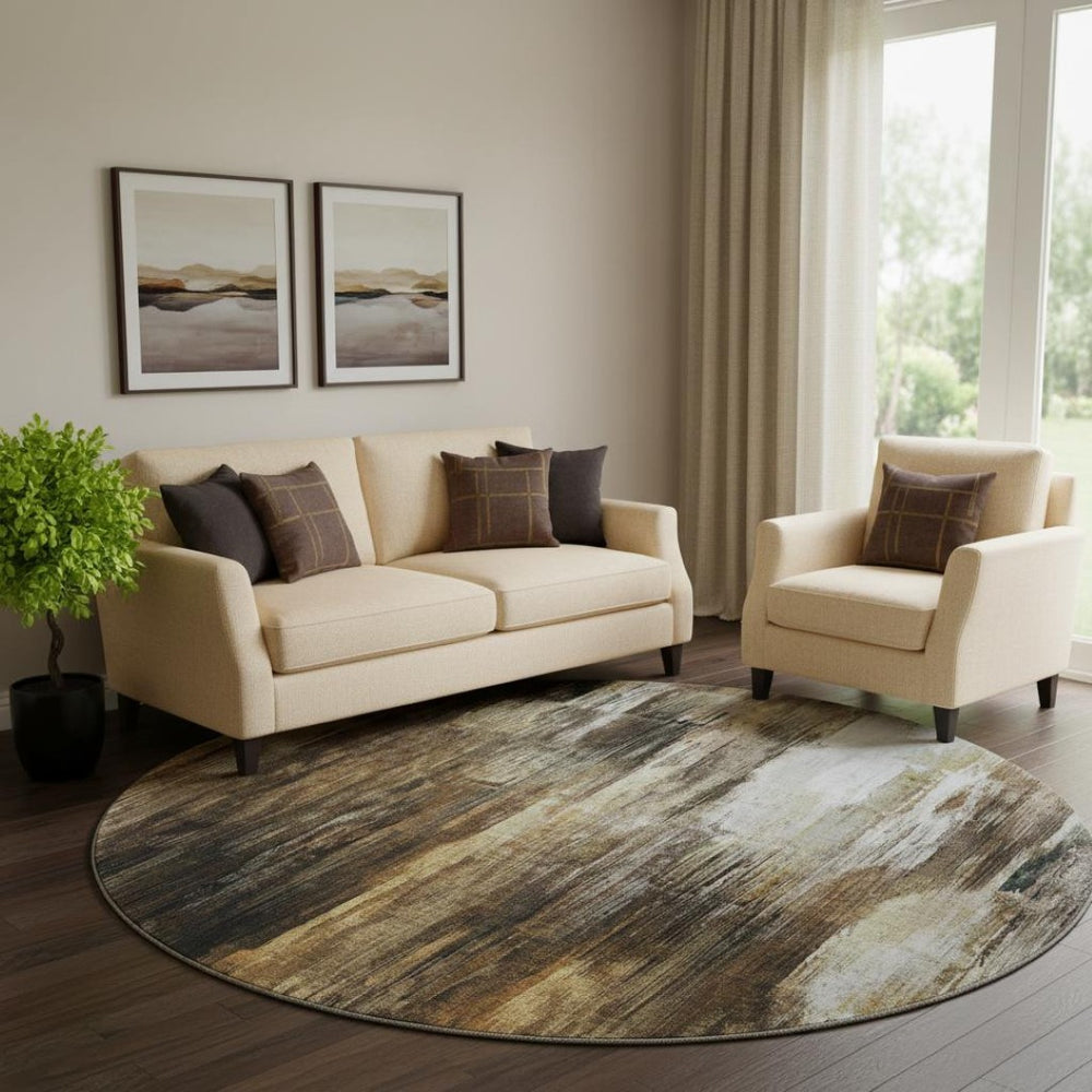 HomeRoots 8' Stylish Chocolate Gray and Ivory Abstract Washable Round Rug with Stain-Resistant UV Protection 649597