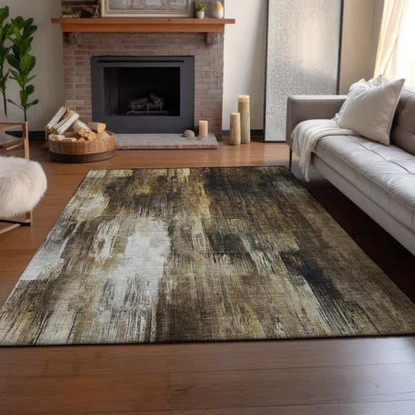 HomeRoots 8' x 10' Contemporary Chocolate Gray and Ivory Abstract Area Rug - Washable, UV Protected & Durable 649598