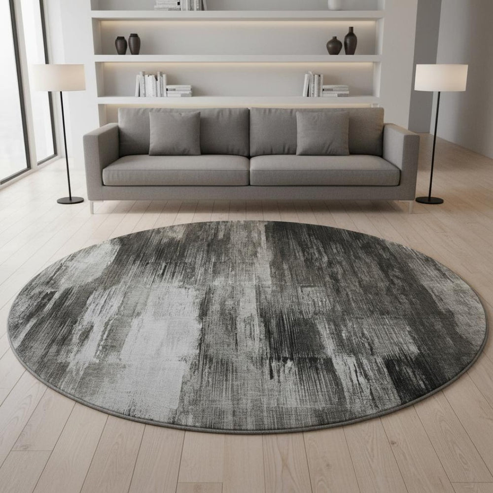 HomeRoots 8' Gray And Ivory Abstract Round Rug – Washable, UV Protected, Durable for Modern Homes & Easy Care 649603