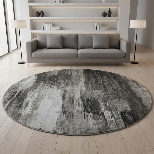 HomeRoots 8' Gray And Ivory Abstract Round Rug – Washable, UV Protected, Durable for Modern Homes & Easy Care 649603