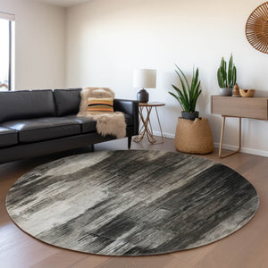 HomeRoots 8' Gray And Ivory Abstract Round Rug – Washable, UV Protected, Durable for Modern Homes & Easy Care 649603