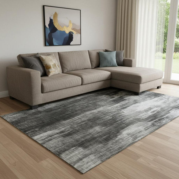 HomeRoots 8' X 10' Gray And Ivory Abstract Area Rug - Washable, Stain-Resistant, UV Protected for Easy Care 649604