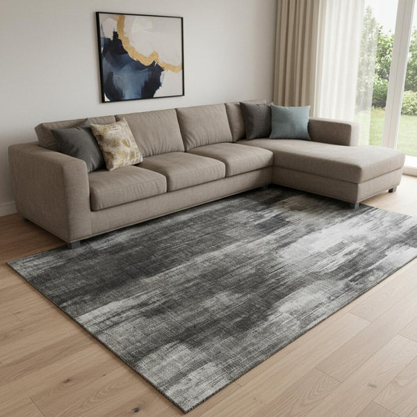 HomeRoots 9' X 12' Gray and Ivory Abstract Area Rug – Washable, UV Protected, Stain Resistant for Busy Homes! 649605