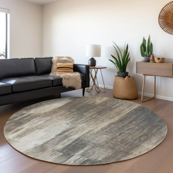 HomeRoots 8' Taupe and Ivory Round Rug - Washable, UV Protected, Modern Abstract Design for Home & Patio 649609