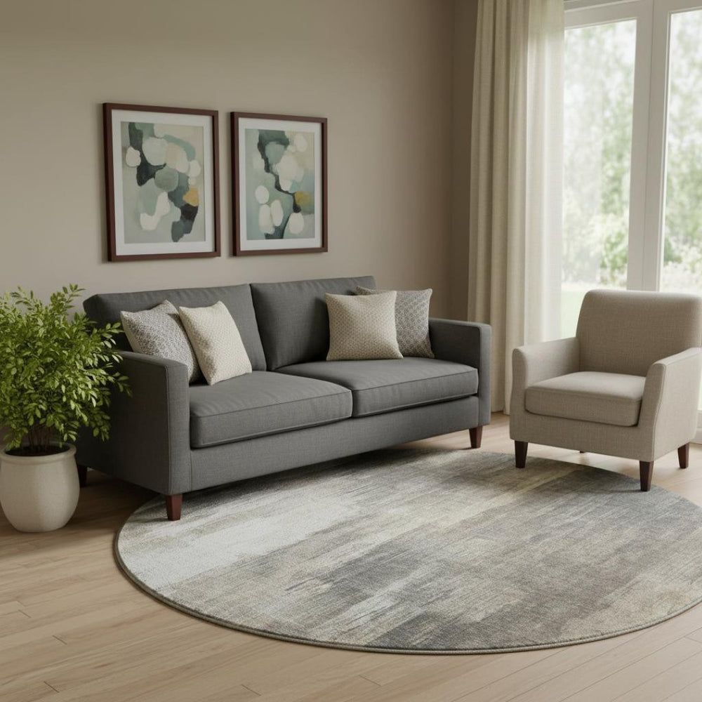 HomeRoots 8' Taupe and Ivory Round Rug - Washable, UV Protected, Modern Abstract Design for Home & Patio 649609