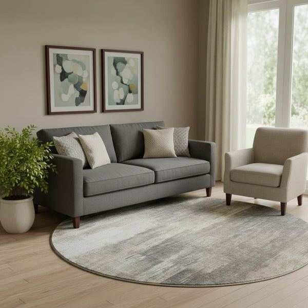 HomeRoots 8' Taupe and Ivory Round Rug - Washable, UV Protected, Modern Abstract Design for Home & Patio 649609