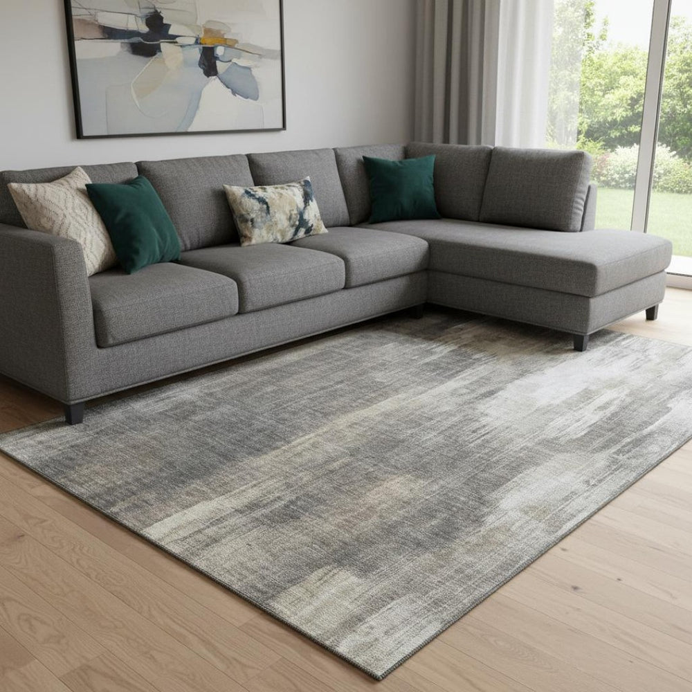 HomeRoots 8' X 10' Taupe and Ivory Abstract Area Rug - Washable, UV-Protected, Stain-Resistant for High Traffic Areas 649610