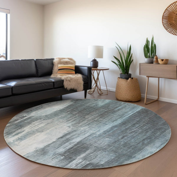 HomeRoots 8' Teal and Ivory Abstract Round Rug - Washable, Stain-Resistant, UV-Protected for Modern Homes 649615