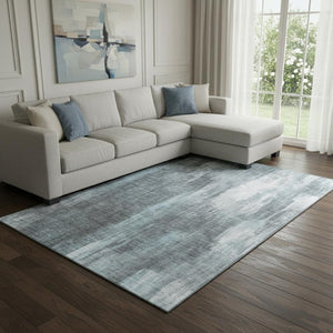 HomeRoots 8' X 10' Teal And Ivory Abstract Area Rug - Stylish, Washable, UV-Protected, Ideal for Family Spaces 649616