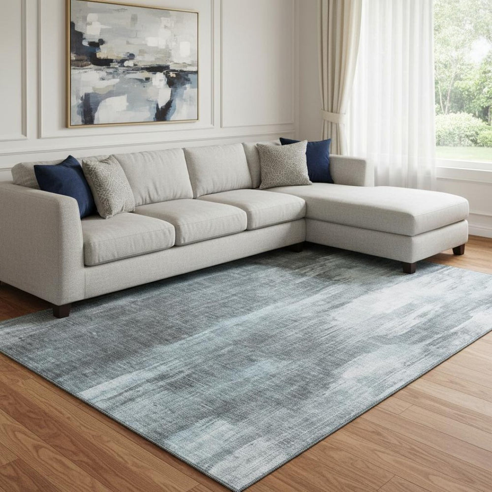 HomeRoots 8' X 10' Teal And Ivory Abstract Area Rug - Stylish, Washable, UV-Protected, Ideal for Family Spaces 649616