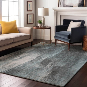 HomeRoots 9' X 12' Teal and Ivory Abstract Area Rug - Washable, UV-Protected, Stylish & Durable for Busy Homes 649617