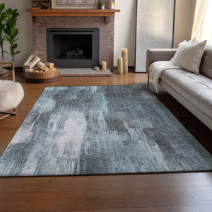 HomeRoots 9' X 12' Teal and Ivory Abstract Area Rug - Washable, UV-Protected, Stylish & Durable for Busy Homes 649617
