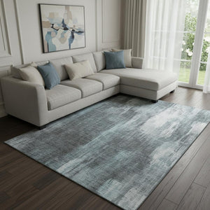HomeRoots 9' X 12' Teal and Ivory Abstract Area Rug - Washable, UV-Protected, Stylish & Durable for Busy Homes 649617