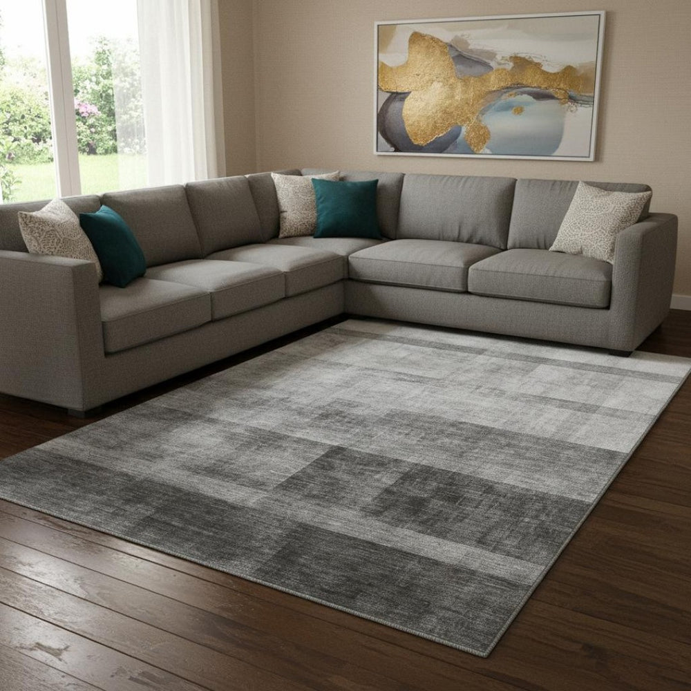 HomeRoots 9' X 12' Gray and Ivory Abstract Area Rug - Washable, UV-Protected, Stain Resistant for Modern Homes 649629