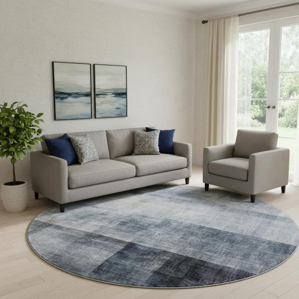 HomeRoots 8' Navy Blue & Ivory Abstract Round Rug – Washable, Durable, UV Protected for High-Traffic Homes 649633