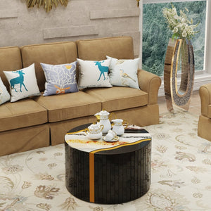 English Elm Black Round Mirrored Glass Coffee Table Gold Sunburst Glam Accent for Living Room Black W3836P382373